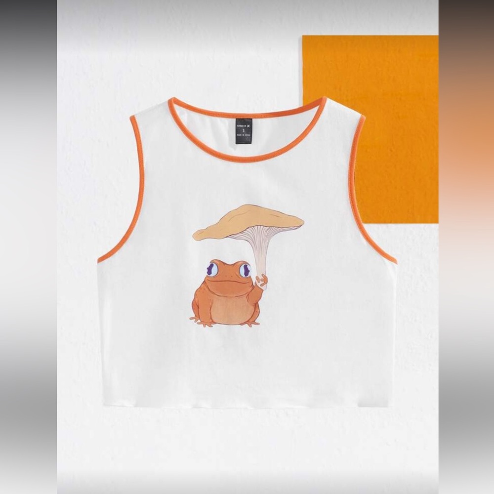 White Tank Top with Frog and Mushroom Print